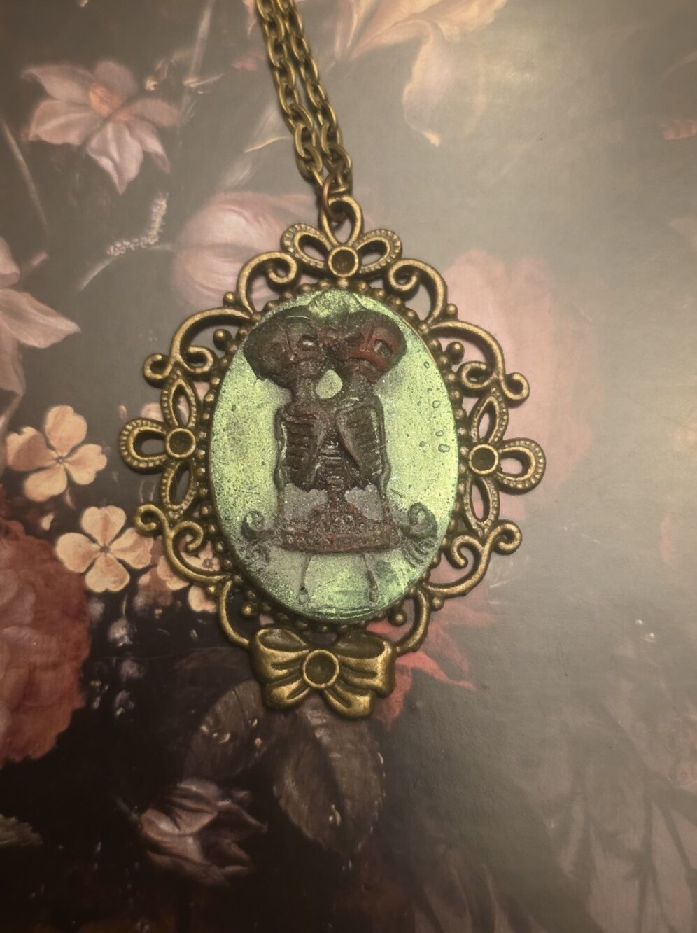 Conjoined Twins On Metallic Green Background W Bronze Tone Frame & Necklace